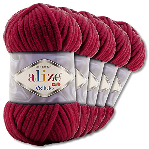 Wohnkult Alize 5x100 g Velluto Premium Wolle 30 Auswahl Chenillegarn Samtwolle Amigurumi Decken Accessore Kleidung DIY (107 | Kirsche)
