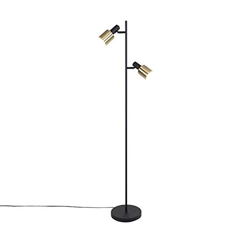 QAZQA - Modern Design-Stehlampe Schwarz mit Gold I Messing 2-flammig - Lynn I Wohnzimmer I Schlafzimmer - Stahl Länglich - LED geeignet E27