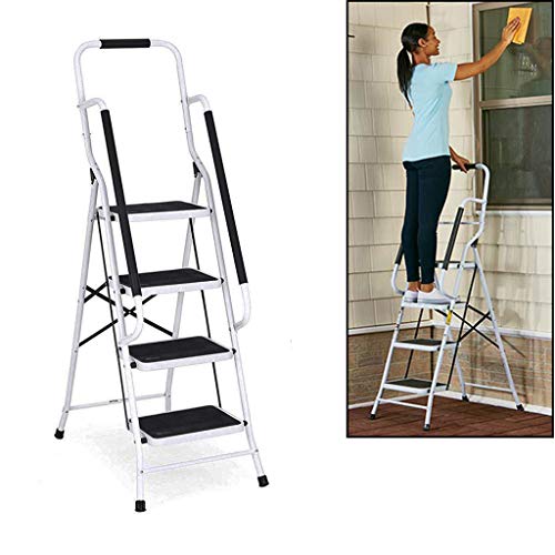 Trittleiter 4 Stufen mit handlauf und Rutschfester Stufen, Stahl Stehleiter Haushaltsleiter Klapptritt Leiter, Ideal für Zuhause/Küche/Garage, belastbar bis 150 kg
