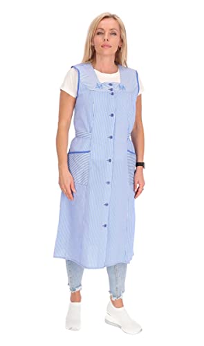 Knopfkittel Baumwolle gestreift Kochschürze Hauskleid Kittel Schürze Gürtel, Farbe:blau, Größe:44