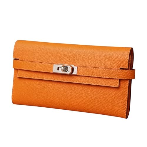 GHQYP Retro Modische Damen-Geldbörse aus echtem Leder, Vintage-Leder-Geldbörse mit Langer Kupplung, Luxus-Geldbeutel mit großer Kapazität und orangefarbener Box