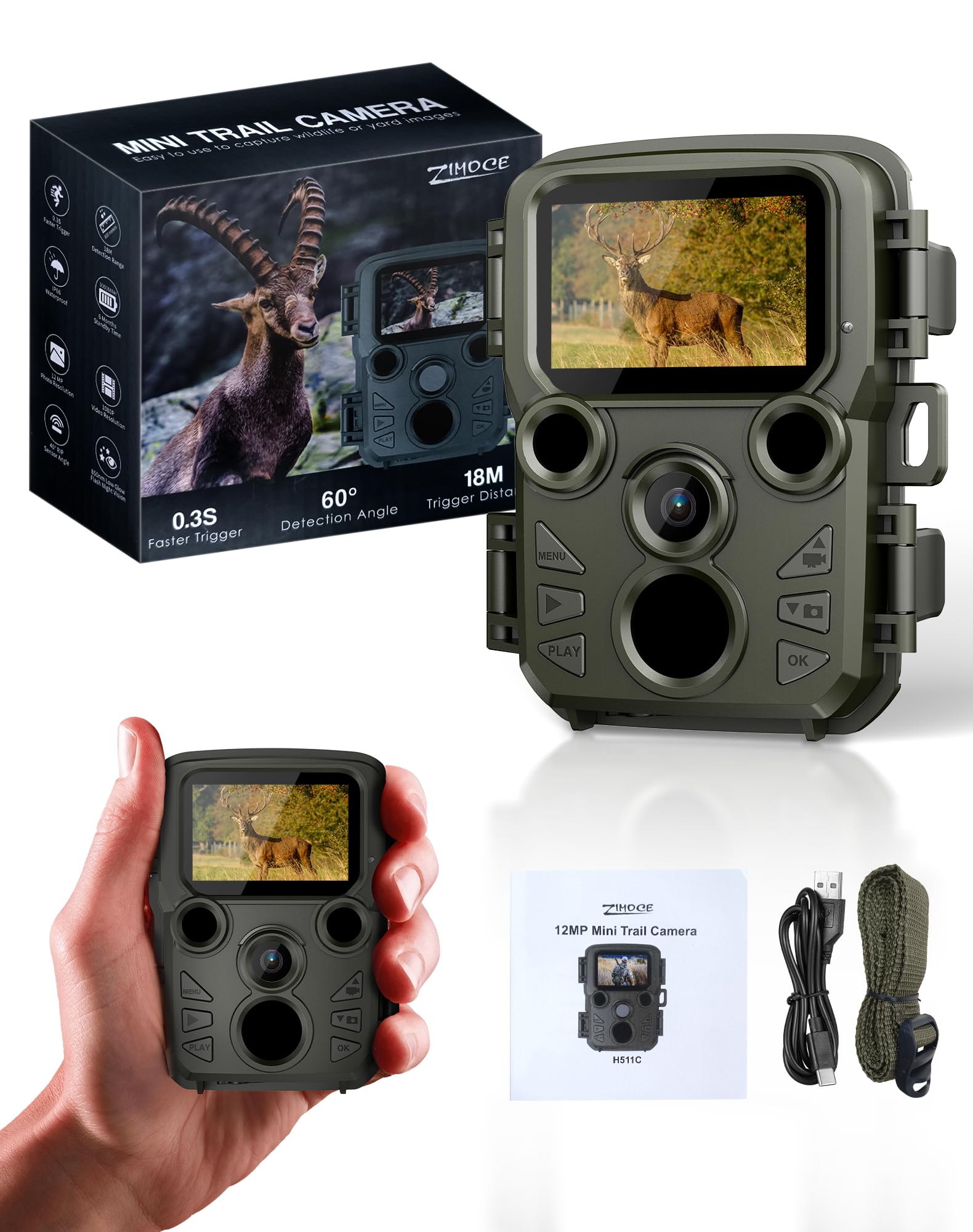 ZIMOCE Mini Wildkamera 12MP, 1080P Wildkamera mit Bewegungsmelder Nachtsicht, 18m Infrarot Wildtierkamera, 850nm IR LEDs Jagdkamera, IP66, für Wildbeobachtung