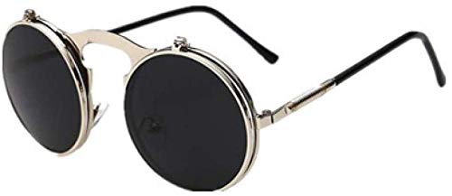 NIUASH Sonnenbrille polarisiert Runde Steampunk Sonnenbrille Männer Retro kleine hochklappbare Brille für Frauen Doppelgläser Brille Uv400-Silberschwarz