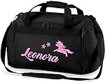 Sporttasche mit Namen | inkl. NAMENSDRUCK | Motiv springendes Einhorn & Sterne | Personalisieren & Bedrucken | Reisetasche Mädchen zum Umhängen in schwarz & pink