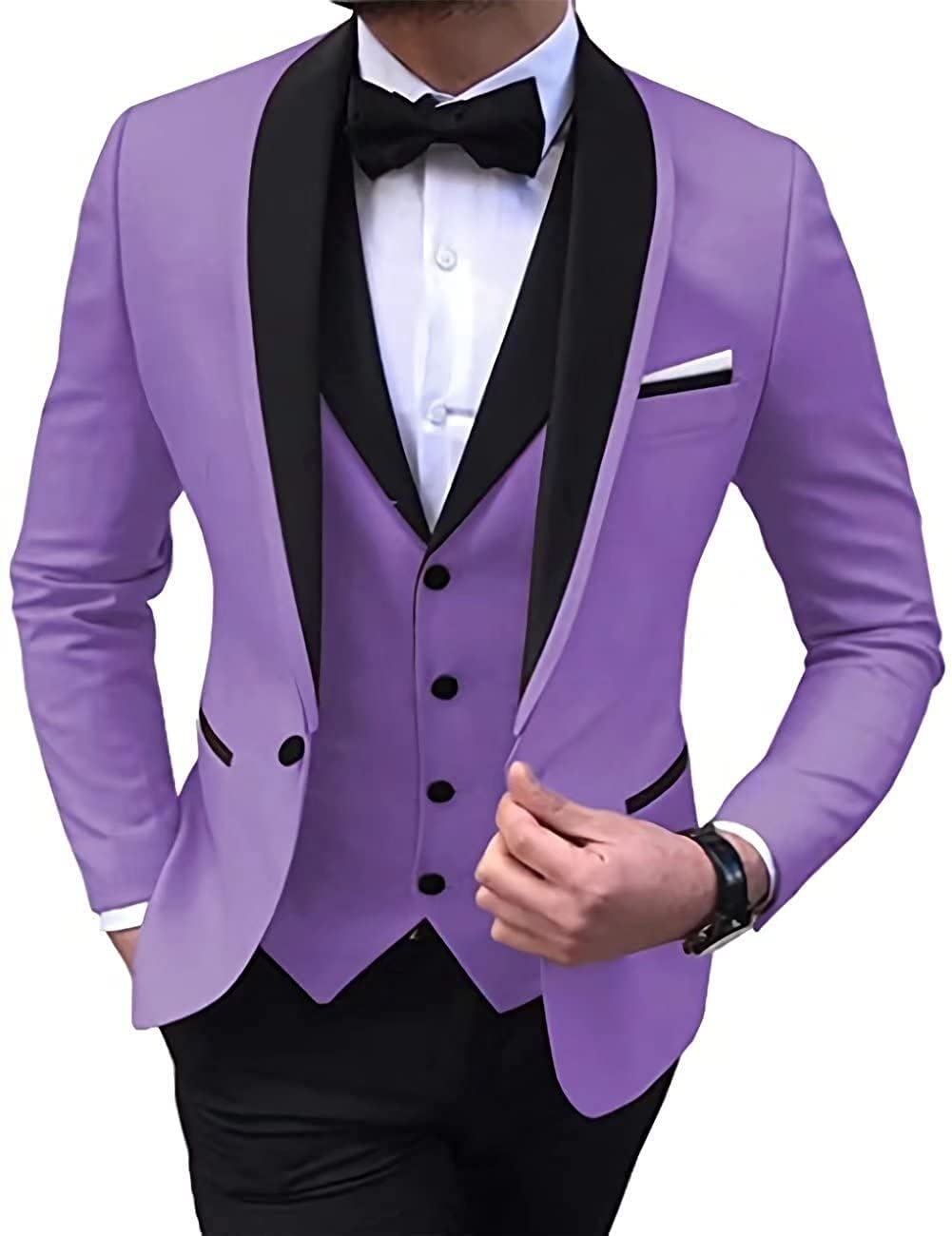 WETRIM 3-teilige feste Farbanzüge vordere Schal-Revers-Smokinganzug, Blazer+Weste+Hose for Hochzeiten und Geschäft (Farbe : Violett, Größe : 54)