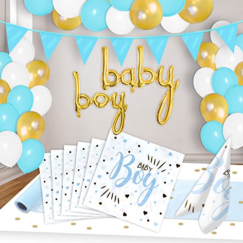 Babyparty Deko Set für Jungen mit Tischdeko u. Raumdekoration für bis zu 16 Personen im Design Goldherzchen mit 3 verschiedenfarbigen Luftballons, Baby Schriftzug, Wimpelkette, Tischläufer und mehr