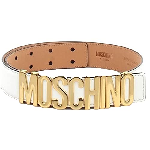 Moschino Ledergürtel matt weiß mit großem Logo Gold 38