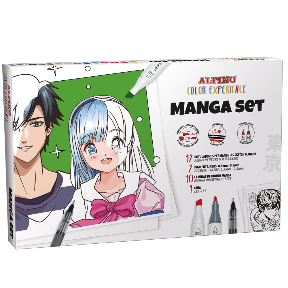 Alpino Manga-Starter-Set | Lieferumfang: 12 x Sketch Marker Doppelspitze Color Experience, 2 x pigmentierte Fineliner, 0,5 und 0,8 mm, 10 x Manga und eine Schritt-für-Schritt-Anleitung zum Malen.