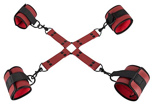 Bad Kitty Fesselkreuz - 3-teiliges Fessel-Set für Männer und Frauen, mit Hand- und Fußfesseln, intensives Paar-Toy, seperat verwendbar, schwarz/rot