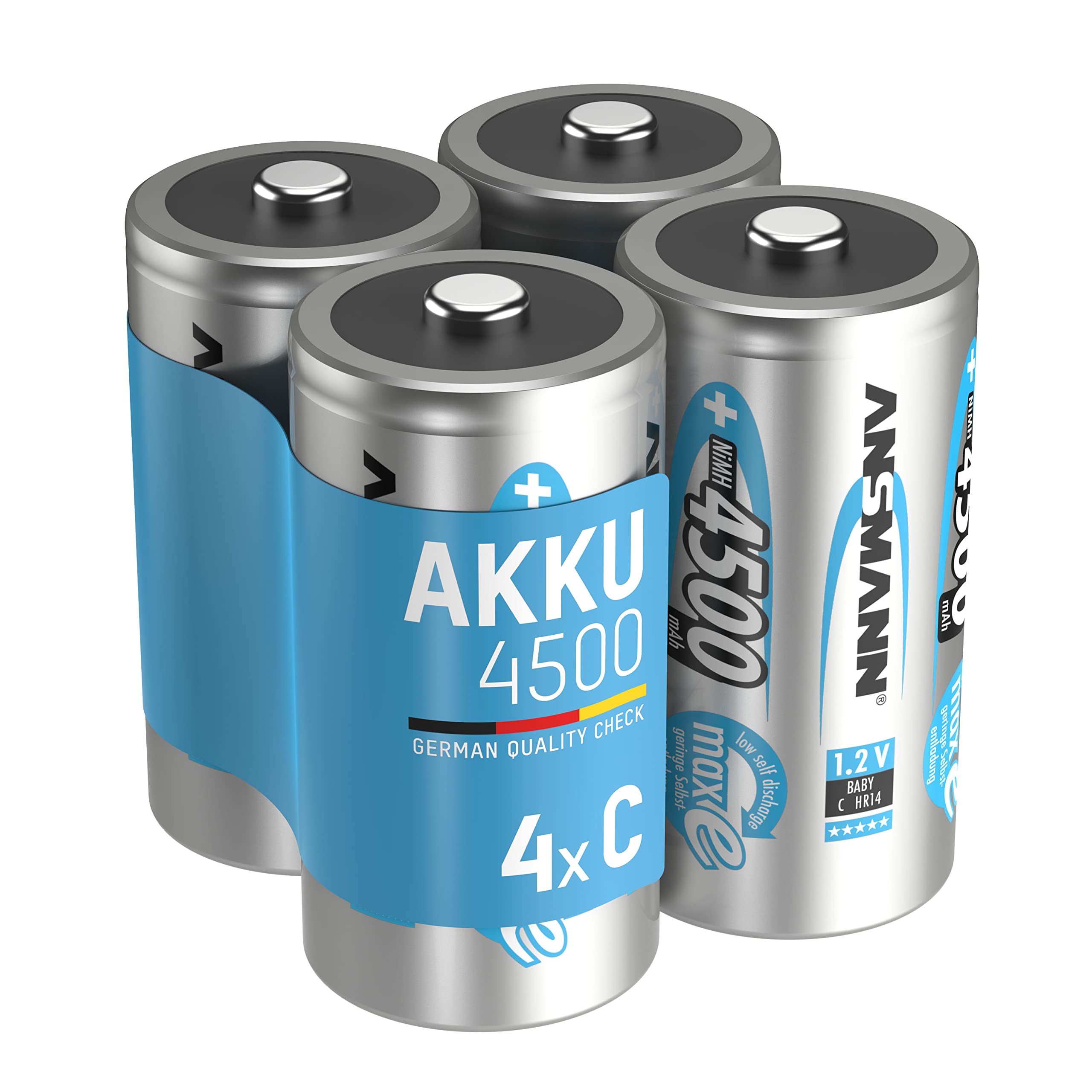 ANSMANN Akku C 4500 mAh NiMH 1,2 V (4 Stück) - Baby C Batterien wiederaufladbar, hohe Kapazität & maxE geringe Selbstentladung für hohen Strombedarf & jahrelangen Einsatz