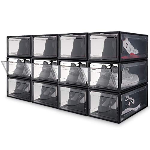 Yorbay 12er Set, Schuhbox Schuhregal, stapelbarer Schuhorganizer, plastikbox mit durchsichtiger Tür, Mehrweg Schuhaufbewahrung, 37 x26 x 16 cm, für Schuhe bis Größe 48, Schwarz