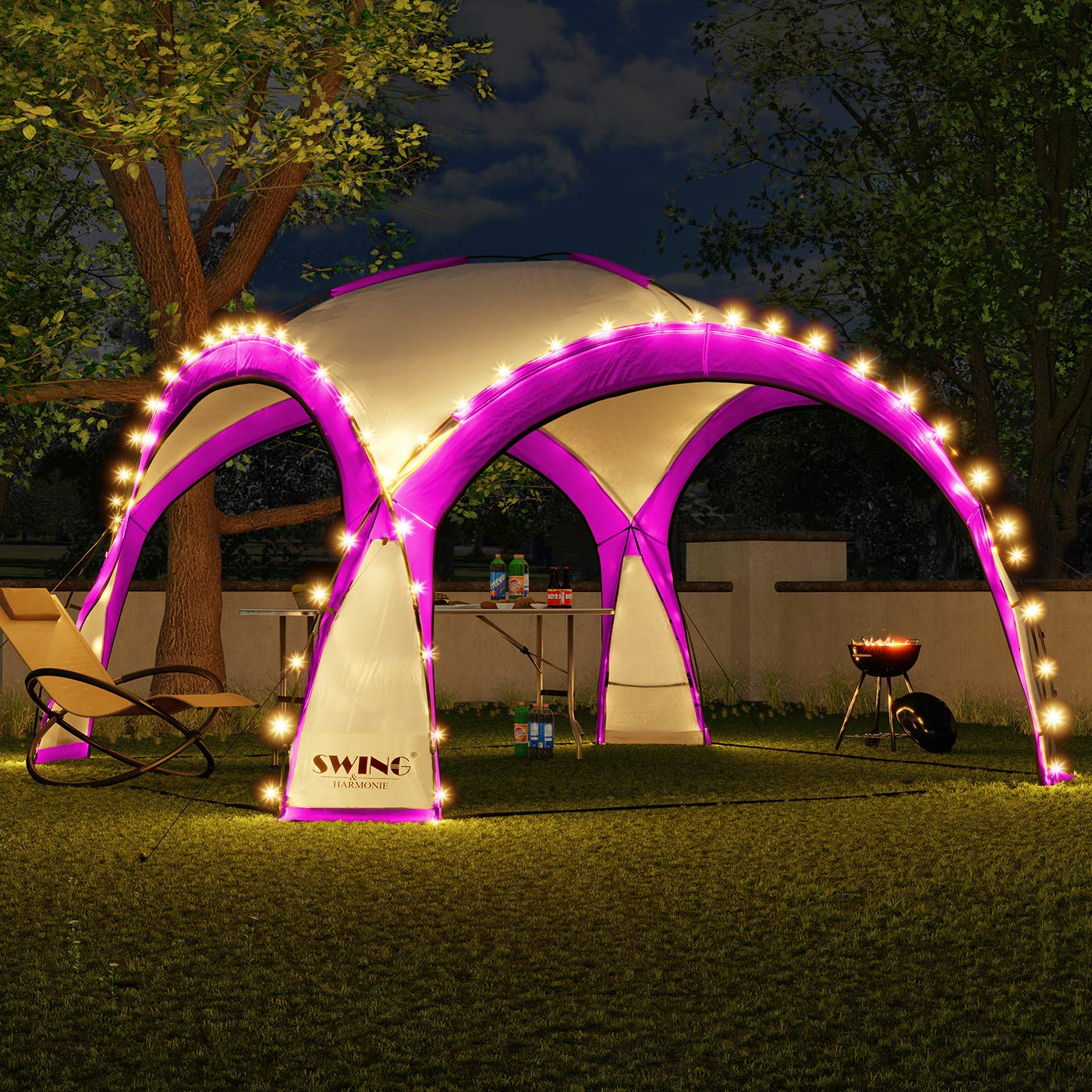 Swing & Harmonie LED Event Pavillon 3,6 x 3,6m DomeShelter Garten Pavillion inkl. Solarmodul Pavilion Designer Gartenzelt Camping Pavilon Partyzelt mit Beleuchtung (Pink)