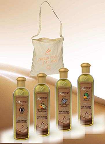 Camylle - Massageöl-Auswahl mit einer schönen Baumwolltasche als Geschenk mit vier Flaschen: 1 x 250ml Luxe - 1 x 250ml Orangenblüte - 1 x 250ml Lavendel - 1 x 250ml Elinya
