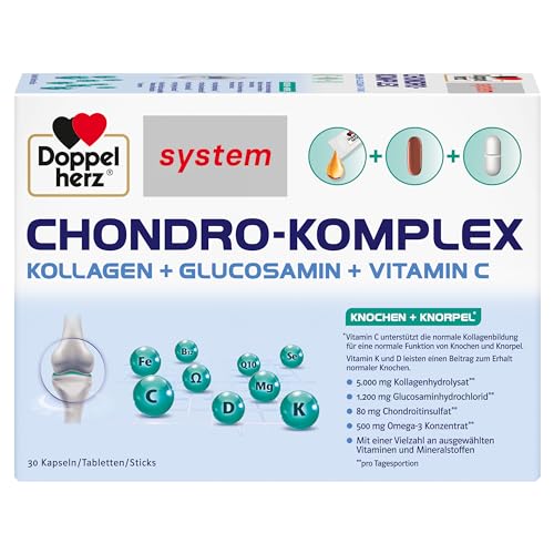 Doppelherz system CHONDRO-KOMPLEX - Mit Kollagen, Glucosamin, Vitamin C und weiteren ausgewählten Vitaminen und Mineralstoffen - 30 Kapseln + 30 Tabletten + 30 Liquid-Sticks