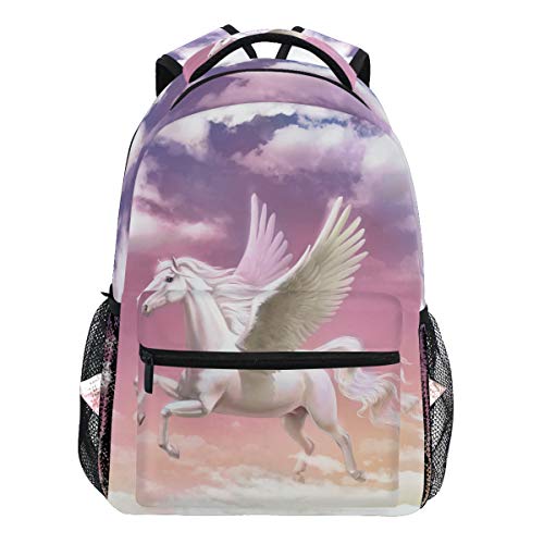 Oarencol Magischer Pegasus Flügel Pferd Fantasy Animal Pink Sky Rucksack Bookbag Daypack Reise Schule College Tasche für Damen Herren Mädchen Jungen