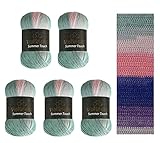 Wollbiene Summer Touch Batik 5 x 100 Gramm Wolle Mehrfarbig mit Farbverlauf, 500 Gramm merzerisierte Strickwolle Microfiber-Acryl (511 rosa mint blau)