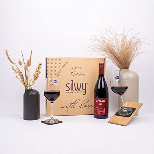 silwy Geschenkbox, Metzger Rotwein 0,75 l mit Magnet-Kristallgläsern inkl. metallischen Nano-Gel-Pads – standsichere Campinggläser, Boot- und Yachtzubehör (Geschenkidee Wein)