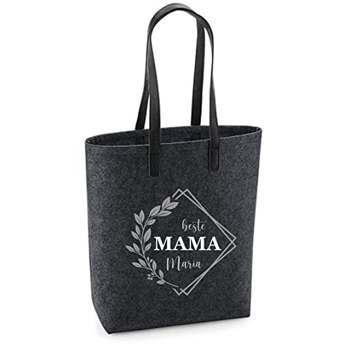 Filztasche 'Beste Mama' | Damen-Tasche mit Motivdruck | Bedruckt und Personalisiert mit Blumenkranz und Spruch | Shopper Geschenk Mama Oma (Dunkelgrau)
