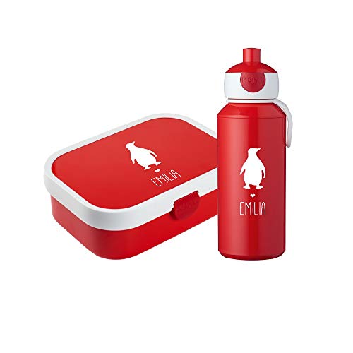 4you Design Set: rot Brotdose & Trinkflasche -Pinguin Silhouette- personalisiert mit Namen – mit Bento Box, Gabel & Pop-Up Flasche – Geschenk für Kinder (Rot)