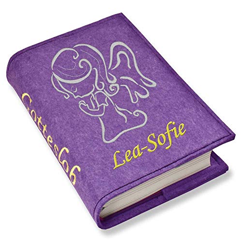 Gotteslob Gotteslobhülle Hülle Engel Tattoo silber Filz mit Namen bestickt Einband Umschlag personalisierte Gesangbuchhülle, Farbe:lila