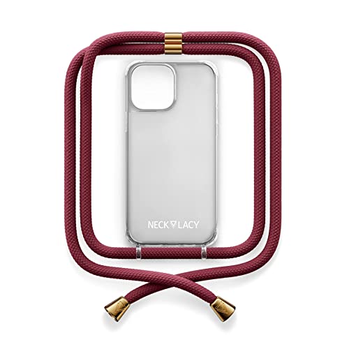 NECKLACY® - The Phone Necklace - Handykette für Apple iPhone 14 Pro Max in Berry | transparente Handyhülle mit hochwertiger Kordel zum Umhängen - Smartphone Crossbody Case