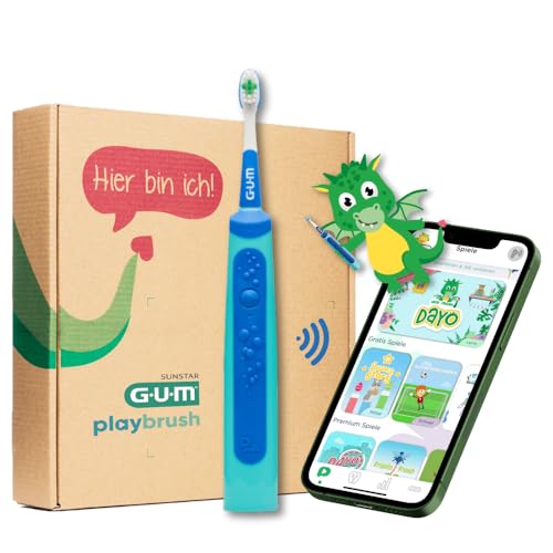 GUM Playbrush KIDS 3+, smarte elektrische Schallzahnbürste für Kinder ab 3 Jahren mit interaktiver Spiele-App, Andruckkontrolle, Timer, 2 Putzprogrammen, 1 Aufsteckbürste, 8 Wochen Akku, Blau