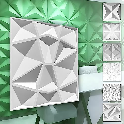 3D Wandpaneele aus PVC Kunststoff - weiße Wandverkleidung mit 3D Optik - Diamond Motive (3QM Sparpaket HD094 50x50cm) Gaming Ideen Wohnzimmer kleben