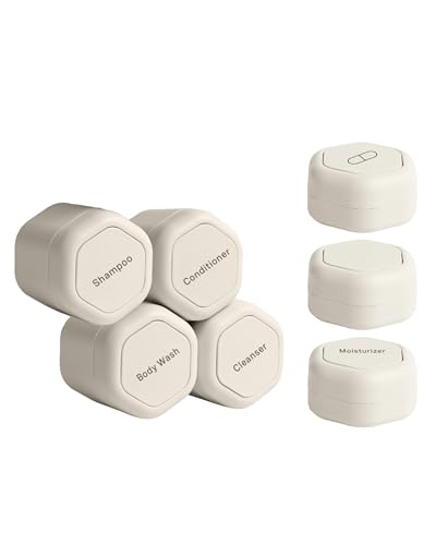 Cadence Reisebehälter – Tagesroutine-Kapsel-Set – Magnetische Reise-Kapseln – für Shampoo, Conditioner, Duschgel, Pillen und mehr – 4 Flex Medium (37,4 g) & 3 Flex Small (15,9 g) – Sand