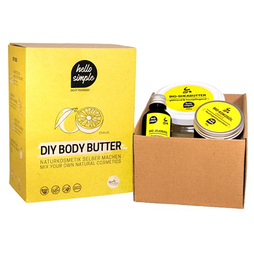 hello simple - DIY Body Butter zum Selbermachen (180 g), Naturkosmetik ohne Aluminium, vegan, bio, plastikfrei (Orange mit Jojobaöl)