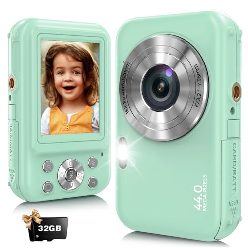 Digitalkamera, Fotokamera Kompaktkamera mit 32GB Karte, FHD 1080P 44MP mit 16-fachem Digitalzoom, Fotoapparat Tragbare Minikamera für Jugendliche, Kinder, Studenten (grün)
