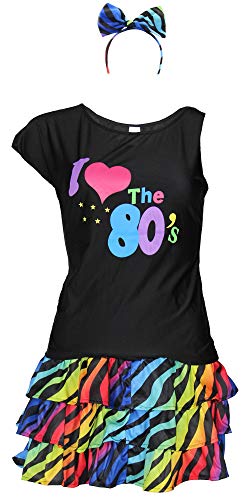 FOXXEO 80er Jahre Damen Kostüm - buntes Tutu Haarreif und schwarzes neon Shirt - Größe S-XXL - Ballet Fasching Karneval Tüll Rock kurz, Größe:XL