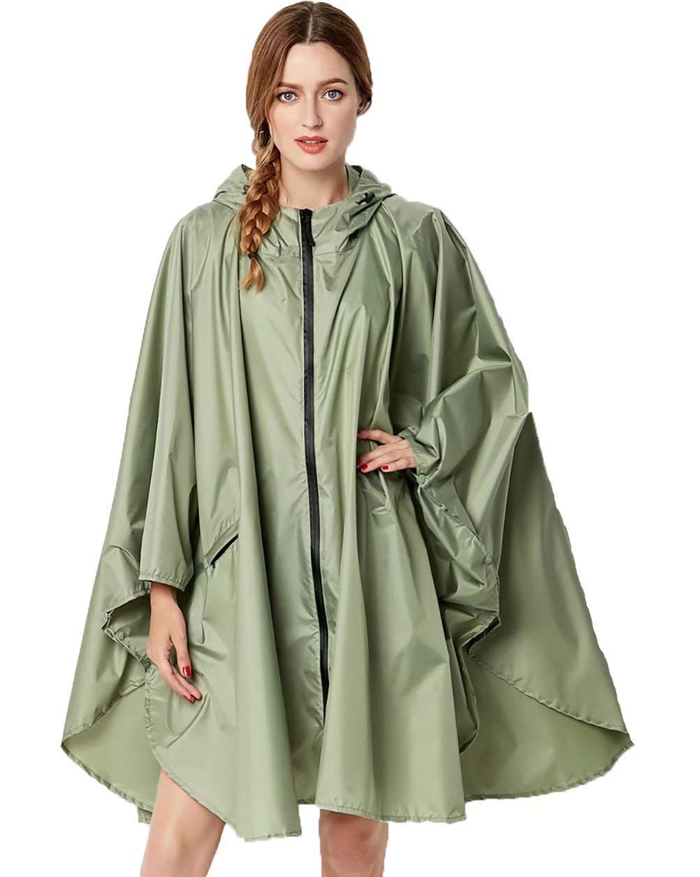 NUUR Damen Regenponcho Regenmantel Unisex Regenjacke Wasserdicht Regencape Wiederverwendbar mit Kapuze Grün