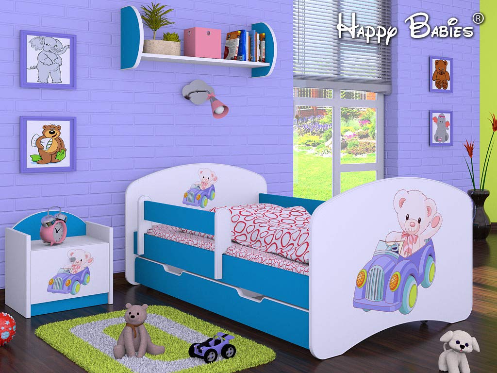 3-teiliges Set Jugendzimmer Kindermöbel Zimmermöbel 160 x80 (Bärchen im Auto blau)