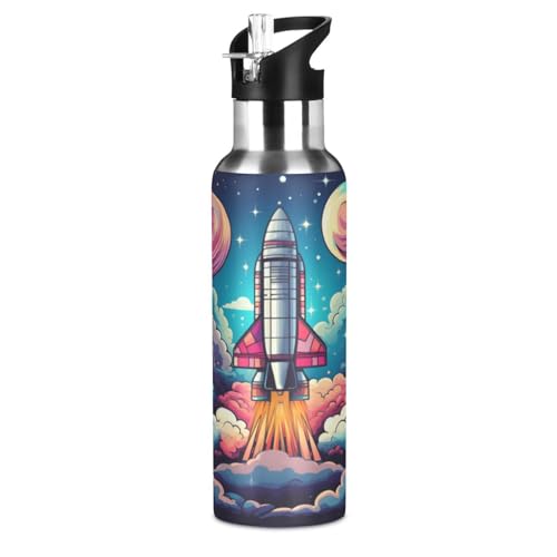 Kunst Galaxie Universum Rakete Trinkflasche Wasserflasche mit Strohhalm für Sport, 600ML Thermosflasche BPA-frei Isolierflasche Edelstahl 18/8 für Kinder Wandern Schule