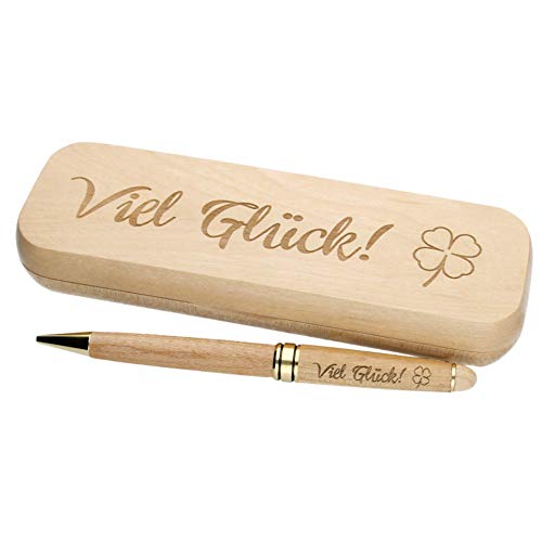 FORYOU24 Kugelschreiber mit Gravur Viel Glück in Geschenk-Schachtel aus Holz die Geschenkidee Stift graviert