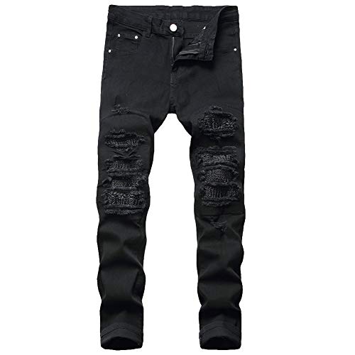DaiHan Herren Jeans Hose Basic Distressed Jeanshose Ripped Freizeithose Cargohose,Schwarz,31