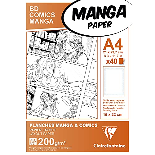 Clairefontaine 94045C Manga Etui BD/Comic (DIN A4, 21 x 29,7 cm, 40 Blatt, 200 g, geeignet für Filzmarker mit Alkohol, mit einfachem Raster) weiß