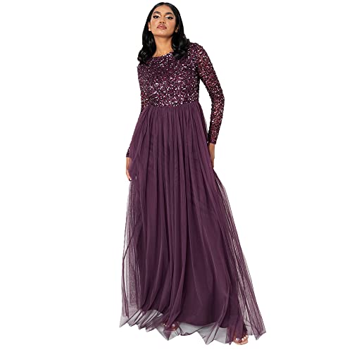 Maya Deluxe Damen Berry Embellished Long Sleeve Maxi Dress Brautjungfernkleid, Beere, 48