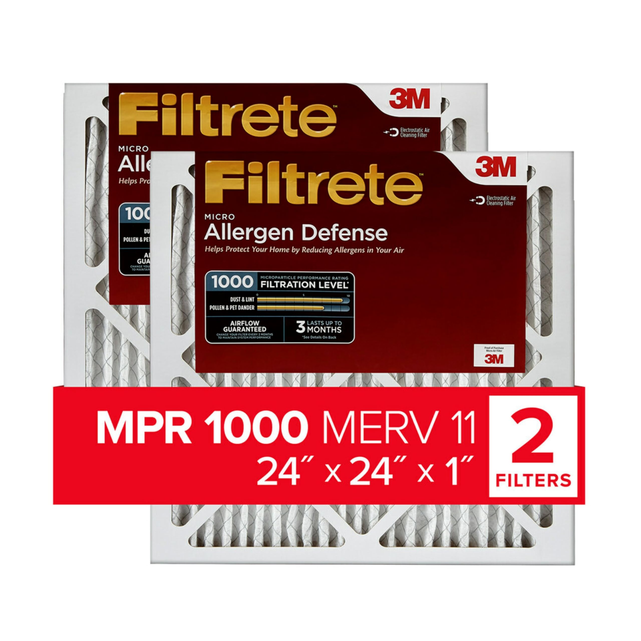 Filtrete 24x24x1 Luftfilter MPR 1000 MERV 11, Allergen Defense, 2er Pack (genaue Maße 23,81 x 23,81 x 0,81)