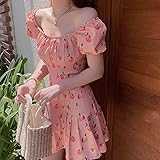 ZYONG Rosa Elegante Kawaii Kleid Frauen Blumendruck Kirsche Minikleid Weibliche Lässige Süße Japan Koreanische Stil Sommerkleid Frauen