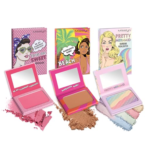 Misslyn | Blush Make-up Palette für Damen mit Spiegel, Volumengebendes und feuchtigkeitsspendendes Puder für Konturen des Gesichts - Set mit drei Paletten