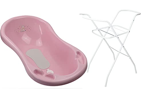 Baby Badewanne mit Gestell, Anti Rutsch Matte und Abflussschlauch (rosa Giraffe, 3 tlg)