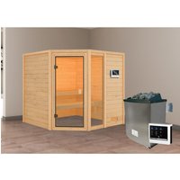 Woodfeeling Sauna Tabea inkl. 9 kW Ofen mit ext. Strg., Glastür Bronziert