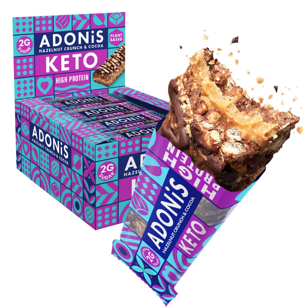 Adonis Keto Protein-Riegel Haselnuss Crunch & Schokolade | 16x 45g | Keto Snacks | Vegan & 100% natürlich | Low Carb Bar und Low Sugar Snack | Perfect Keto-Diät Bars | Glutenfrei, ohne Zuckerzusatz