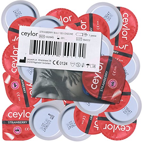 Ceylor Strawberry 100 Kondome mit Erdbeer-Gleitcreme, Großpackung, verpackt im hygienischen"Dösli", einfach zu öffnen, schnelleres Überziehen, Premium-Qualität aus der Schweiz