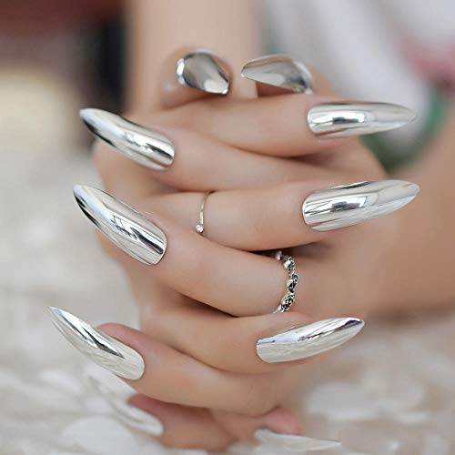Falsche Nägel Metallischer Spiegel Extra Lange Scharfe Falsche Nagel Metall Silber Gefälschte Nägel Acryl Künstliche Nagelkunst Fuax