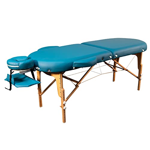 Zen Oval Massageliege klappbar und höhenverstellbar | mobiler Kosmetik-Tisch in ovaler Form für aktive Massagestile | Voll-Holz, Alu-Kopfstütze | TÜV Zertifiziert (Teal)