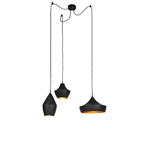 QAZQA - Modern Set mit 3-flammig skandinavischen Hängelampe | Pendellampe | Pendelleuchten schwarz mit Gold | Messing - Depeche | Wohnzimmer | Küche - Aluminium Kugel | Kugelförmig | Oval | Oval gerad