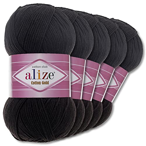 Wohnkult Alize 5 x 100 g Cotton Gold Premium Wolle| 39 Farben Sommerwolle Garn Stricken Amigurumi (60 | Schwarz)