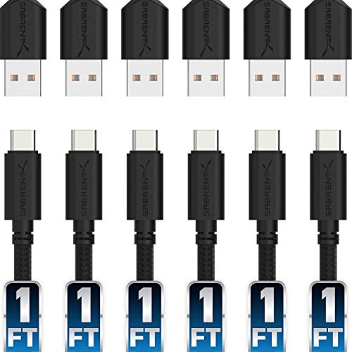 Sabrent USB C Kabel Schnellladung 5V-3A (6 Stück) USB typ C Ladekabel, USB C Premium Nylon geflochtene für Samsung Galaxy S21/S10/S9/S8/Note, Huawei, Google, Sony Xperia, OnePlus (30cm) (CB-C6X1)